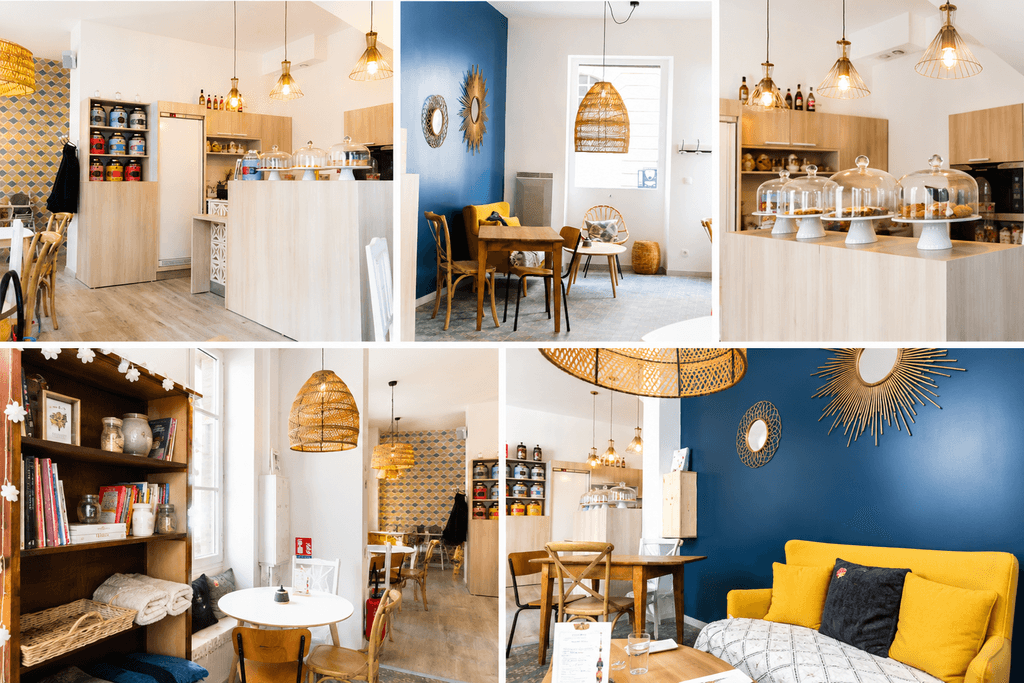 Aménagement intérieur d’un salon de thé à Bordeaux avec mobilier en bois, espace comptoir et coin détente chaleureux